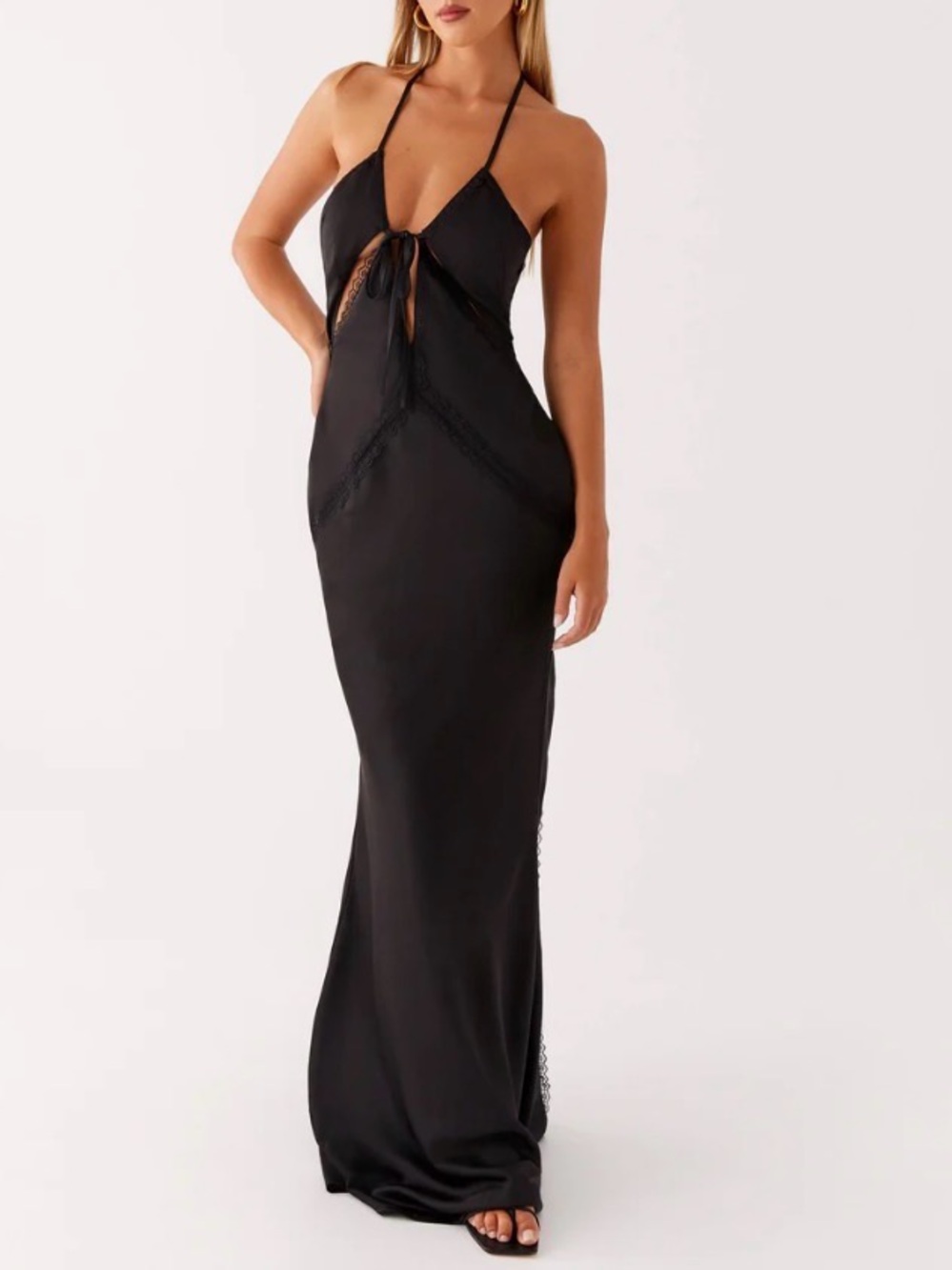 Peppermayo Black Backless Halter Tie Maxi Dress